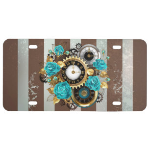 Steampunk Clock and Turquoise Roses on Striped License Plate