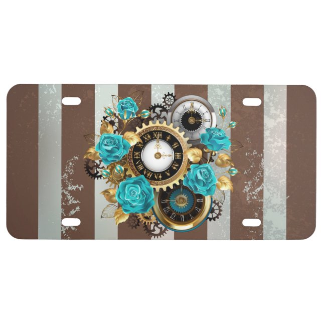 Steampunk Clock and Turquoise Roses on Striped License Plate (Front)