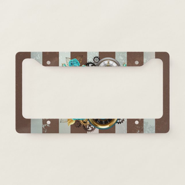 Steampunk Clock and Turquoise Roses on Striped License Plate Frame (Front)