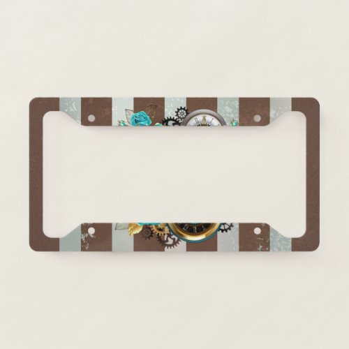 Steampunk Clock and Turquoise Roses on Striped License Plate Frame