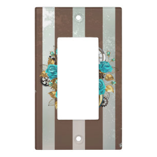Steampunk Clock and Turquoise Roses on Striped Light Switch Cover