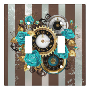 Steampunk Clock and Turquoise Roses on Striped Light Switch Cover