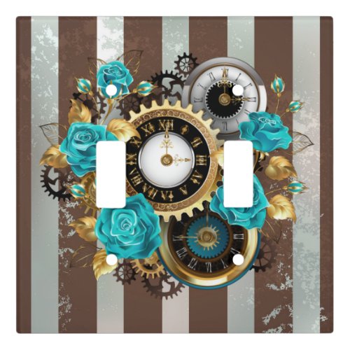 Steampunk Clock and Turquoise Roses on Striped Light Switch Cover