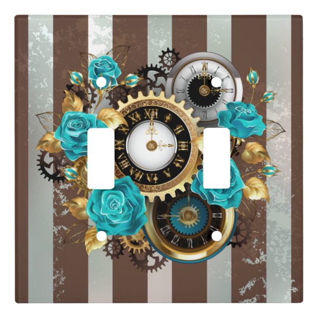 Steampunk Clock and Turquoise Roses on Striped Light Switch Cover (Front)