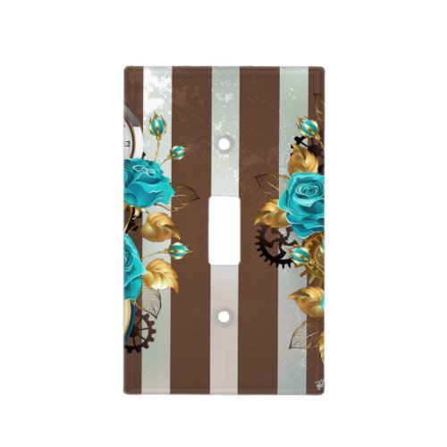 Steampunk Clock and Turquoise Roses on Striped Light Switch Cover