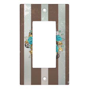 Steampunk Clock and Turquoise Roses on Striped Light Switch Cover