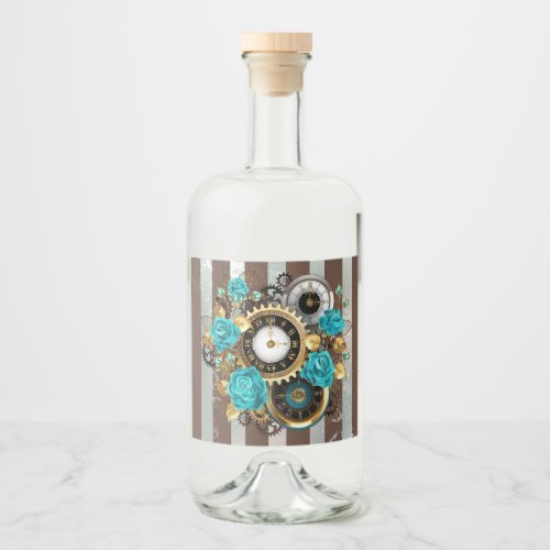 Steampunk Clock and Turquoise Roses on Striped Liquor Bottle Label