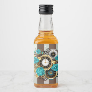 Steampunk Clock and Turquoise Roses on Striped Liquor Bottle Label