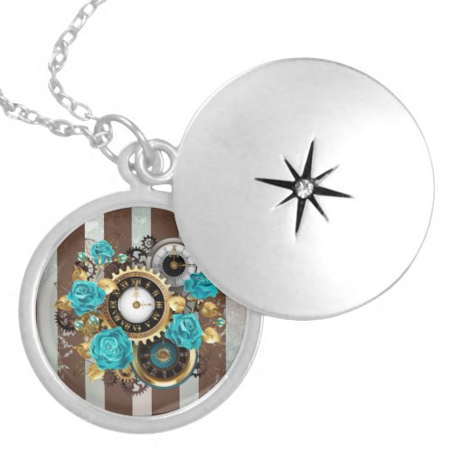 Steampunk Clock and Turquoise Roses on Striped Locket Necklace