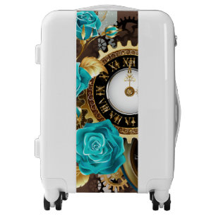 Steampunk Clock and Turquoise Roses on Striped Luggage