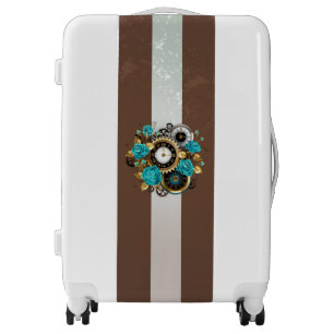Steampunk Clock and Turquoise Roses on Striped Luggage