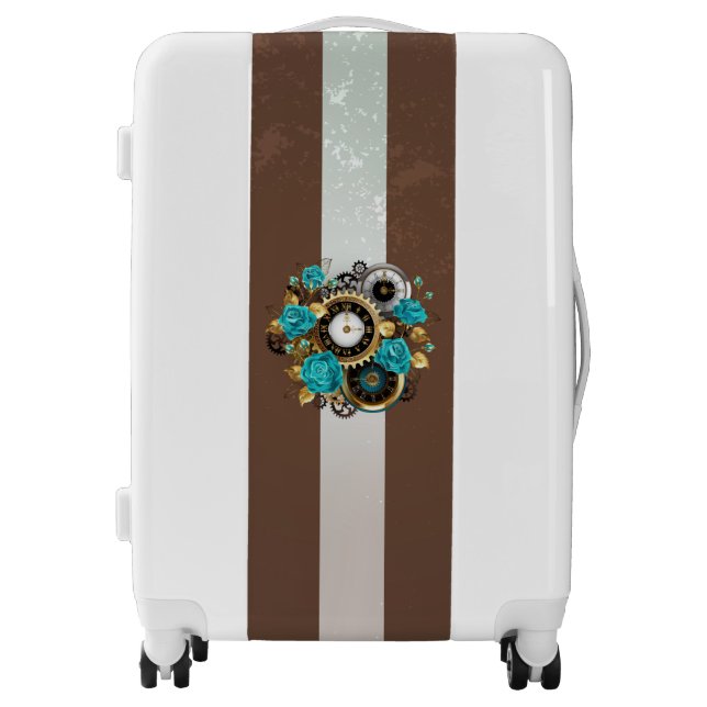 Steampunk Clock and Turquoise Roses on Striped Luggage (Front)