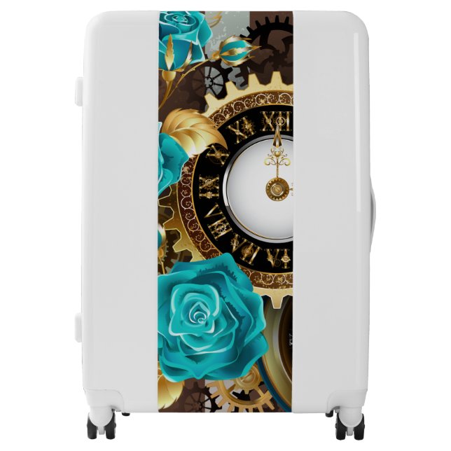 Steampunk Clock and Turquoise Roses on Striped Luggage (Front)
