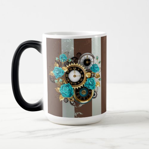 Steampunk Clock and Turquoise Roses on Striped Magic Mug