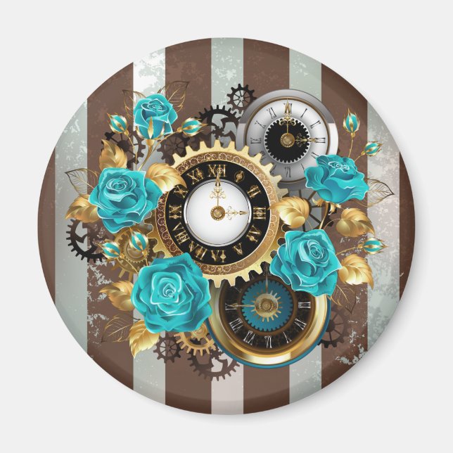 Steampunk Clock and Turquoise Roses on Striped Magnet (Front)