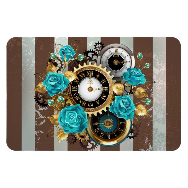 Steampunk Clock and Turquoise Roses on Striped Magnet (Horizontal)