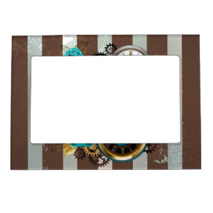 Steampunk Clock and Turquoise Roses on Striped Magnetic Frame