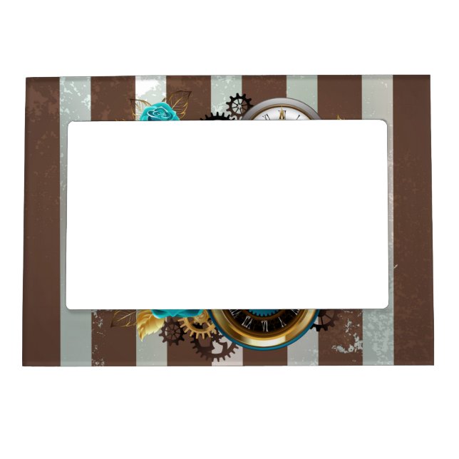 Steampunk Clock and Turquoise Roses on Striped Magnetic Frame (Front)
