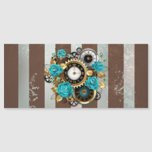 Steampunk Clock and Turquoise Roses on Striped Magnetic Invitation