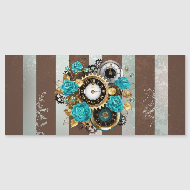 Steampunk Clock and Turquoise Roses on Striped Magnetic Invitation (Front)