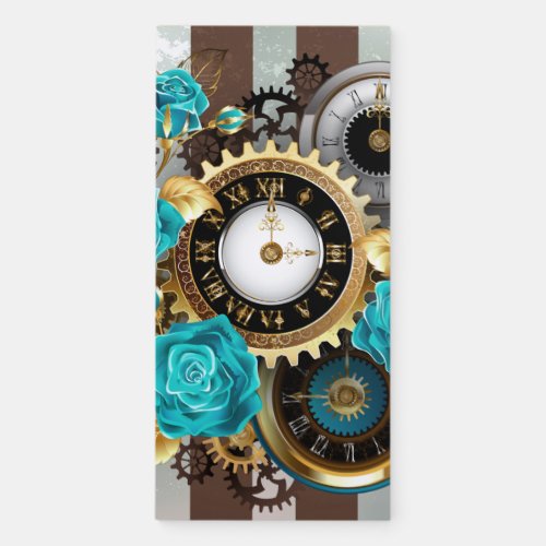 Steampunk Clock and Turquoise Roses on Striped Magnetic Notepad