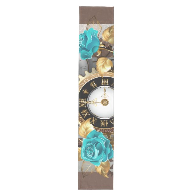 Steampunk Clock and Turquoise Roses on Striped Medium Table Runner (Front)