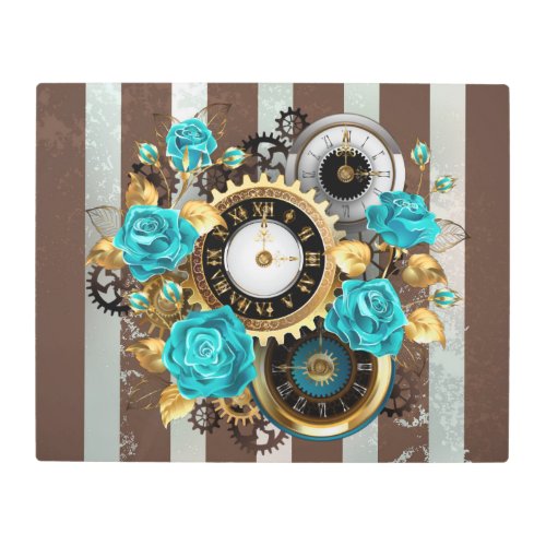 Steampunk Clock and Turquoise Roses on Striped Metal Print