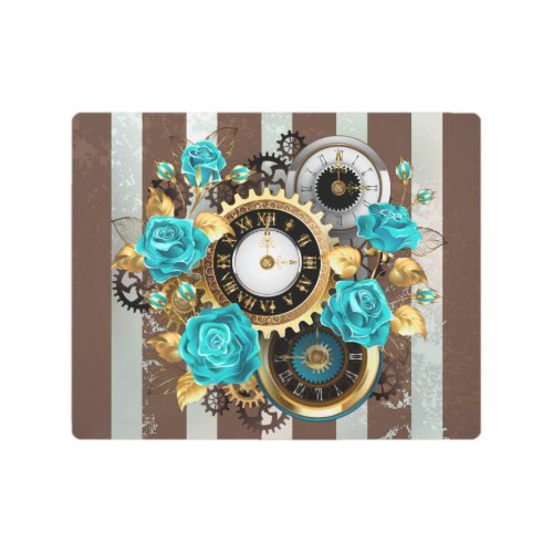 Steampunk Clock and Turquoise Roses on Striped Metal Print