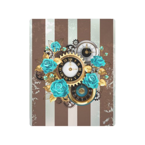 Steampunk Clock and Turquoise Roses on Striped Metal Print