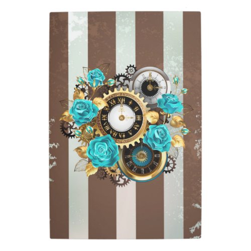 Steampunk Clock and Turquoise Roses on Striped Metal Print