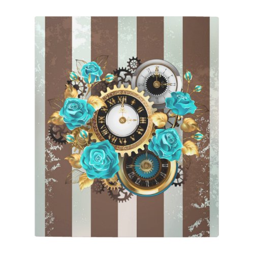 Steampunk Clock and Turquoise Roses on Striped Metal Print