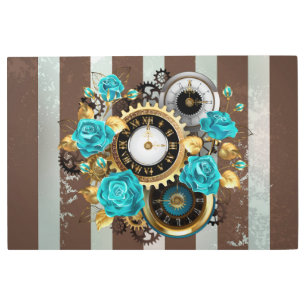 Steampunk Clock and Turquoise Roses on Striped Metal Print