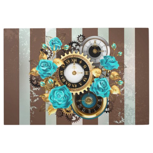 Steampunk Clock and Turquoise Roses on Striped Metal Print