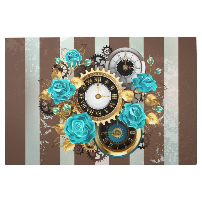 Steampunk Clock and Turquoise Roses on Striped Metal Print (Front)