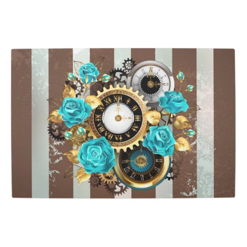 Steampunk Clock and Turquoise Roses on Striped Metal Print