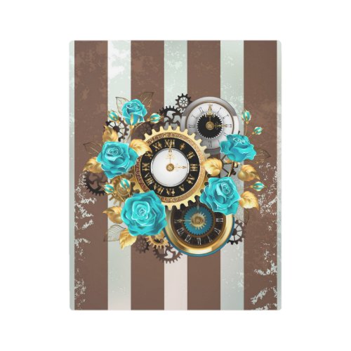 Steampunk Clock and Turquoise Roses on Striped Metal Print