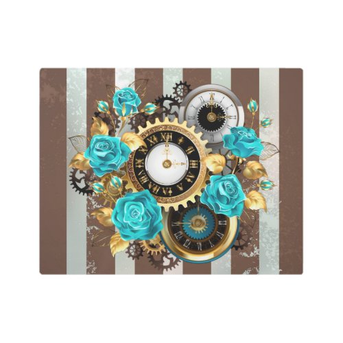 Steampunk Clock and Turquoise Roses on Striped Metal Print