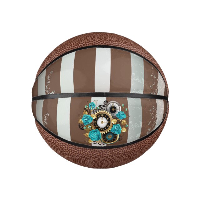 Steampunk Clock and Turquoise Roses on Striped Mini Basketball (Front)