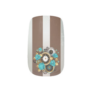 Steampunk Clock and Turquoise Roses on Striped Minx Nail Art