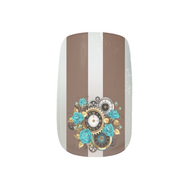 Steampunk Clock and Turquoise Roses on Striped Minx Nail Art (Left Thumb)