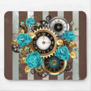 Steampunk Clock and Turquoise Roses on Striped Mouse Pad