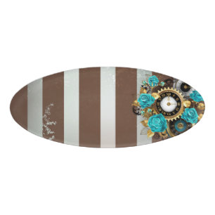 Steampunk Clock and Turquoise Roses on Striped Name Tag