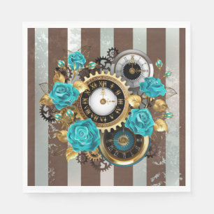 Steampunk Clock and Turquoise Roses on Striped Napkins