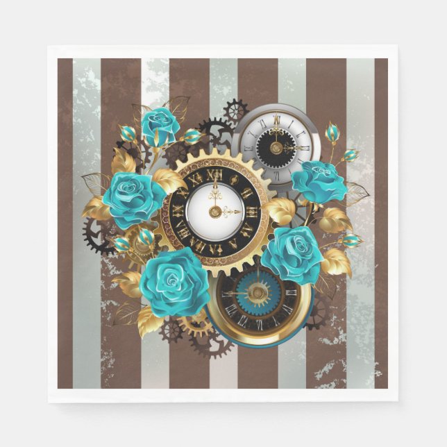 Steampunk Clock and Turquoise Roses on Striped Napkins (Front)
