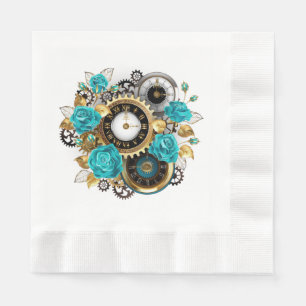 Steampunk Clock and Turquoise Roses on Striped Napkins