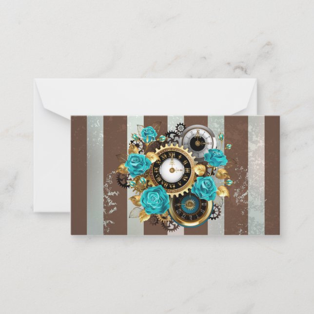 Steampunk Clock and Turquoise Roses on Striped Note Card (Front)