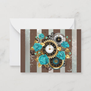 Steampunk Clock and Turquoise Roses on Striped Note Card