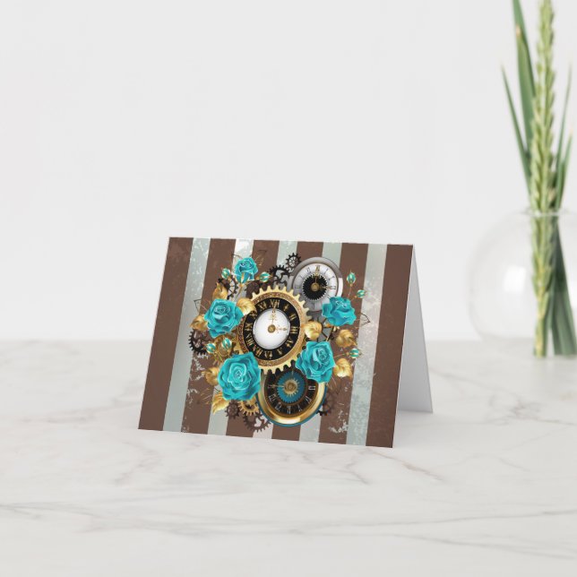 Steampunk Clock and Turquoise Roses on Striped Note Card (Front)