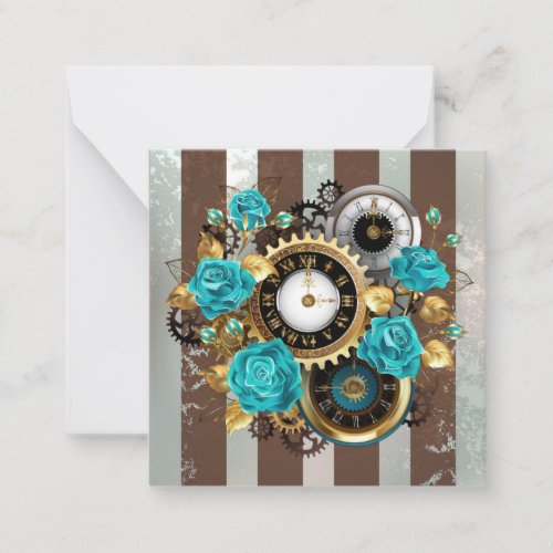 Steampunk Clock and Turquoise Roses on Striped Note Card