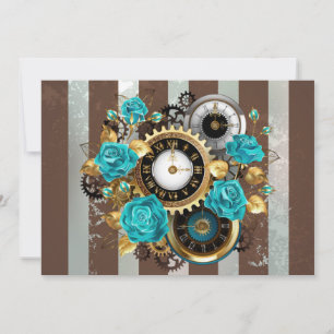 Steampunk Clock and Turquoise Roses on Striped Note Card
